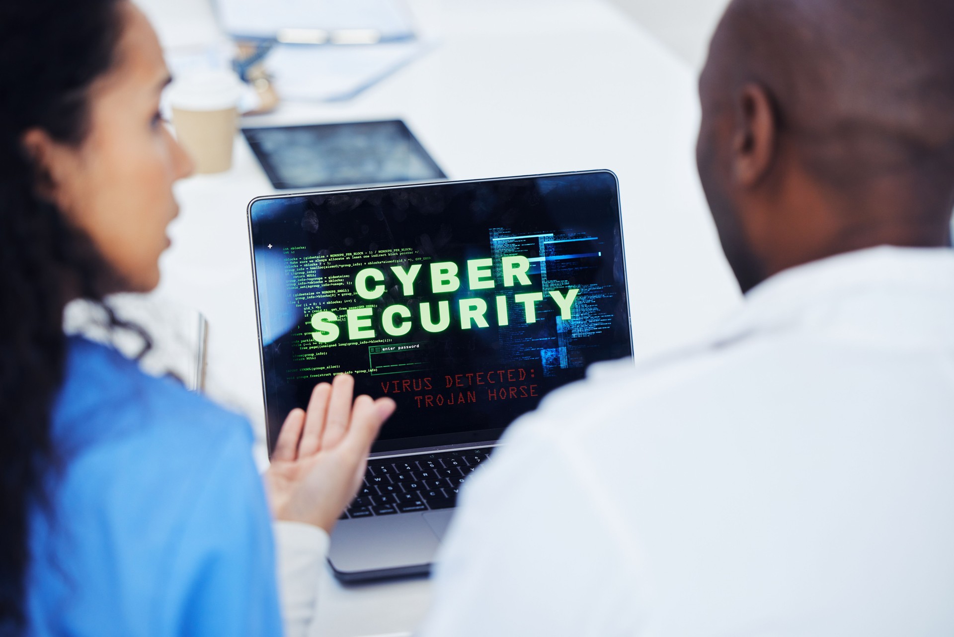 Cyber security, laptop and hospital nurse doctors with tech problem, malware virus or trojan horse. Password phishing cybersecurity, system software risk and medical team with database archive breach