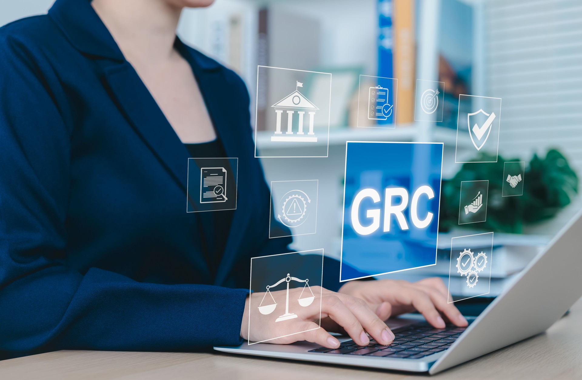 GRC Governance Risk Compliance Concept. Businesswoman with GRC governance, risk, compliance icons, organizational management, and regulatory practices. reduce non compliance risk, business ethics,